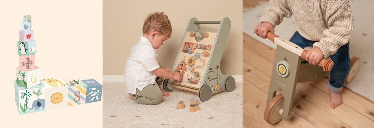 stableklodser med dyr, barn foran grøn gåvogn, barn på grøn løbecykel i træ, alle populære gaver til 1 årig dreng hos Nordic Simply