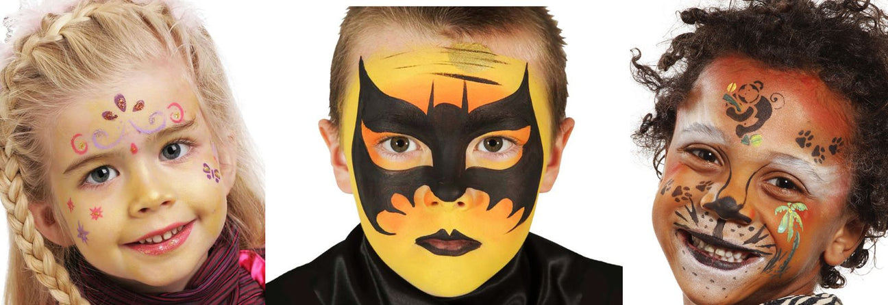tre børn med ansigtsmaling, pige med sommerfugl, dreg med batman og dreng med tiger, der fås hos Nordic Simply