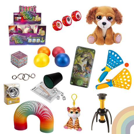 Små gaver til børnefødselsdag i kasse med 10 stk assorteret, til dreng 6-9 år fås hos Nordic Simply