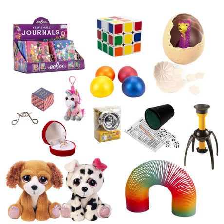 små gaver til børnefødselsdag til pige 6-9 år blandet i kasse, fås hos Nordic Simply