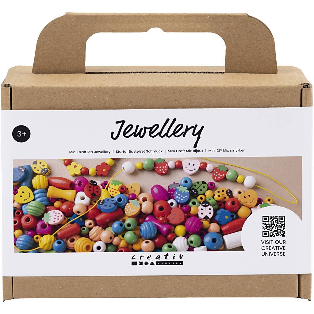sæt med træperler i klare farver til kreativ leg til børn fra 3 år og op, her set i æske