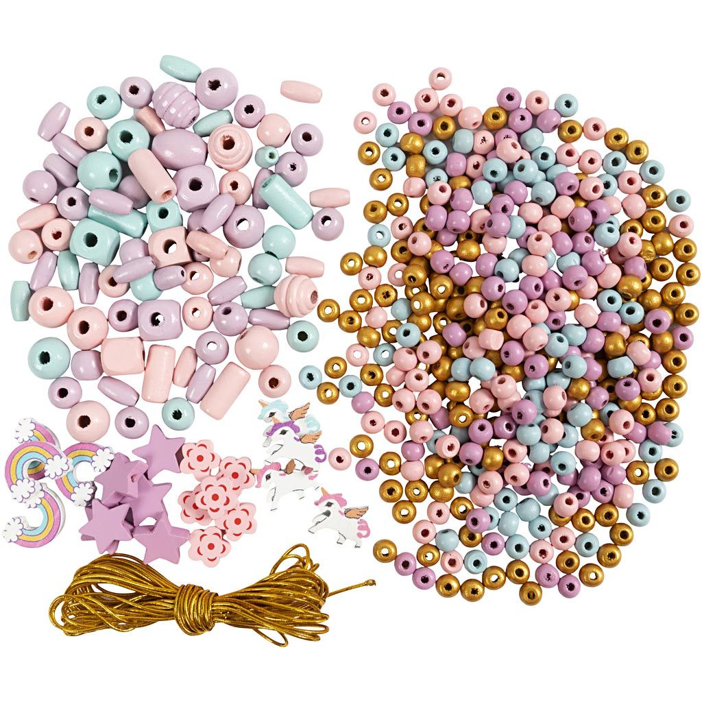 alle dele i sæt med træperler i pastelfarver til kreativ leg til børn fra 3 år og op, med enhjørninger, stjerner, regnbuer med mere.