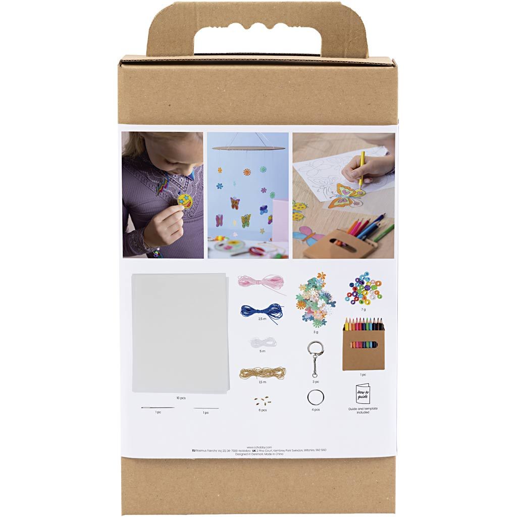 stor æske med krympeplast, som dit barn kan bruge til at kreere en uro og accessories, kreative ting til børn fra 8 år og op. Her set bagfra.