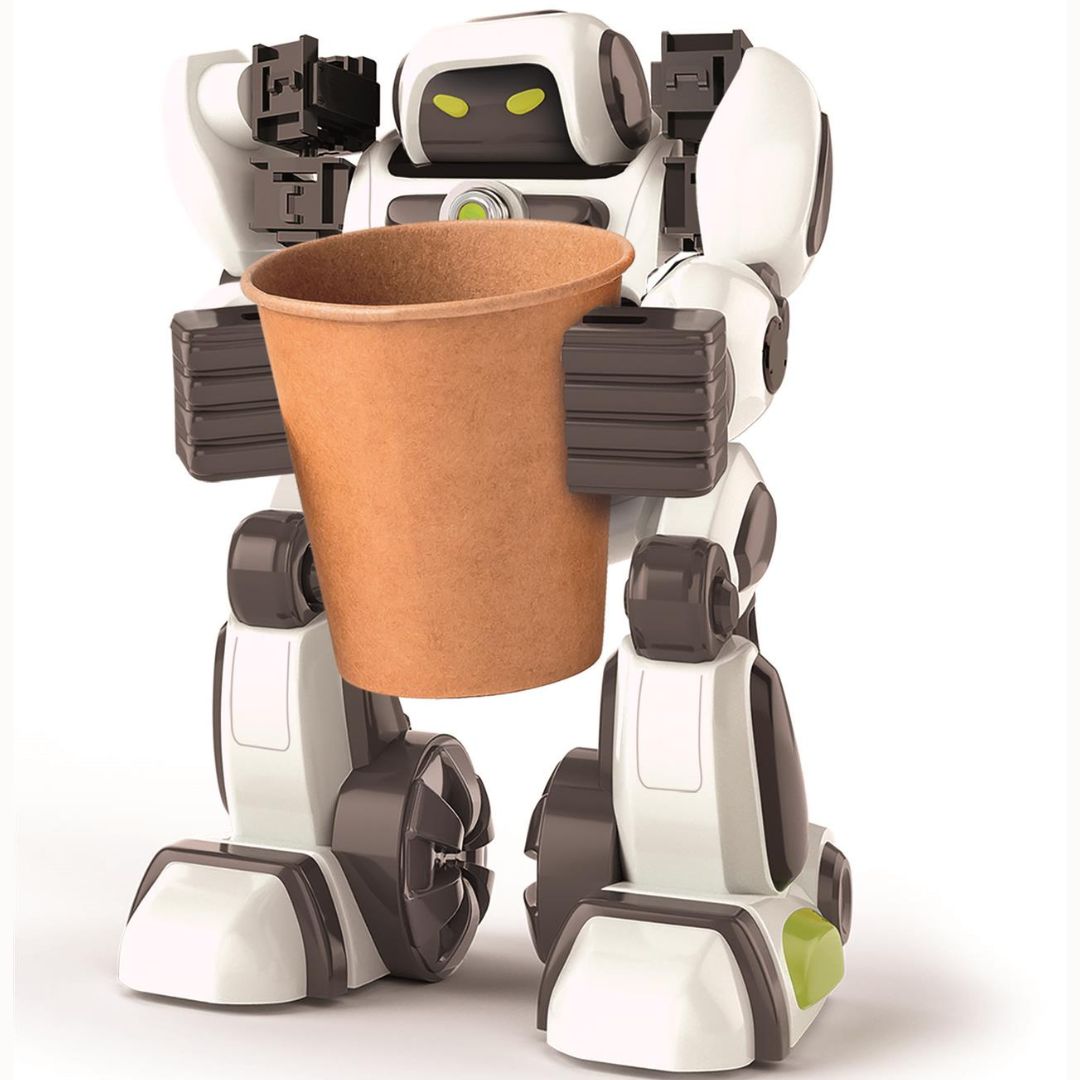 AiRo - Din egen robot med AI holder en papirkop i hænderne og er klar til at hjælpe.