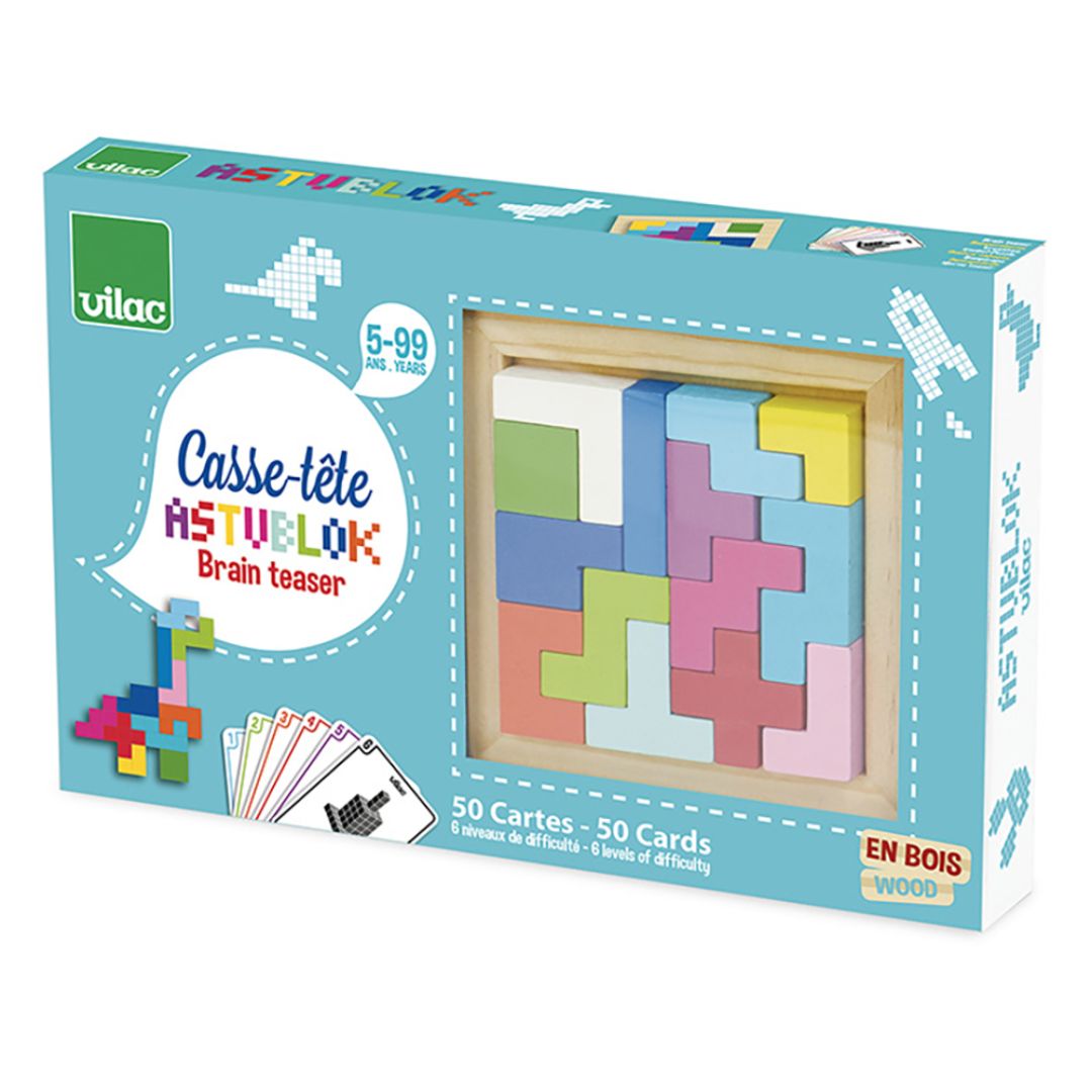Astublock hjernevrider i træ, 3D puslespil med farverige træklodser og 50 kort til børn fra 5 år, fra Vilac fås hos Nordic Simply
