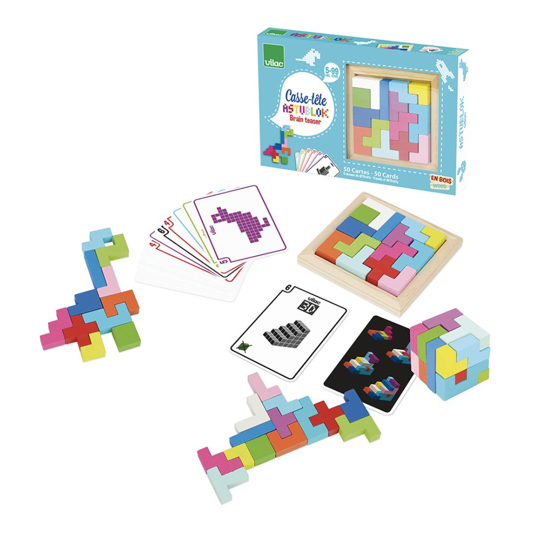Astublock træ-hjernevriderspil med farverige klodser og opgavekort til børn fra 5 år, perfekt til leg og læring.