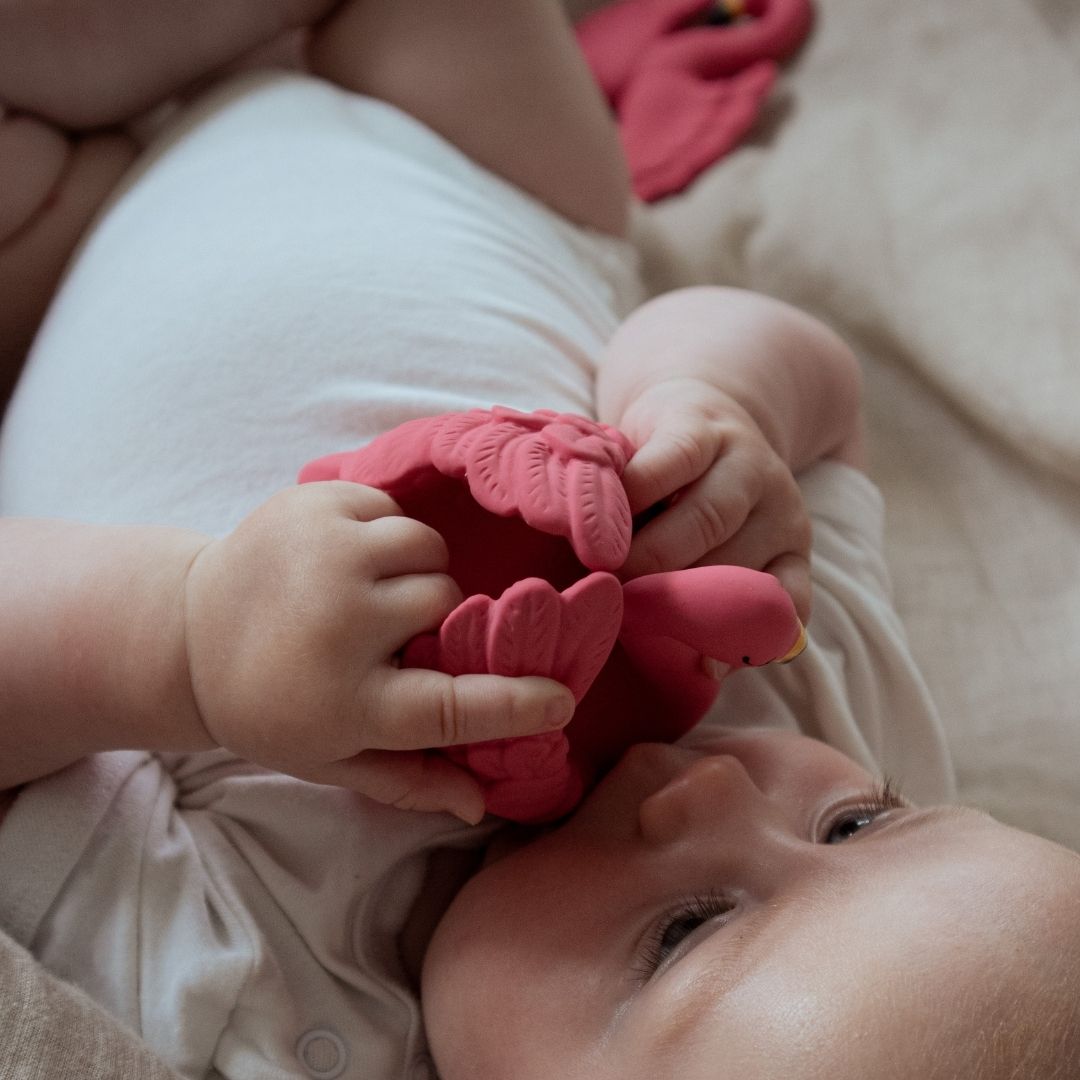 Baby bider i pink flamingo badedyr i naturgummi fra Natruba, fås hos Nordic Simply