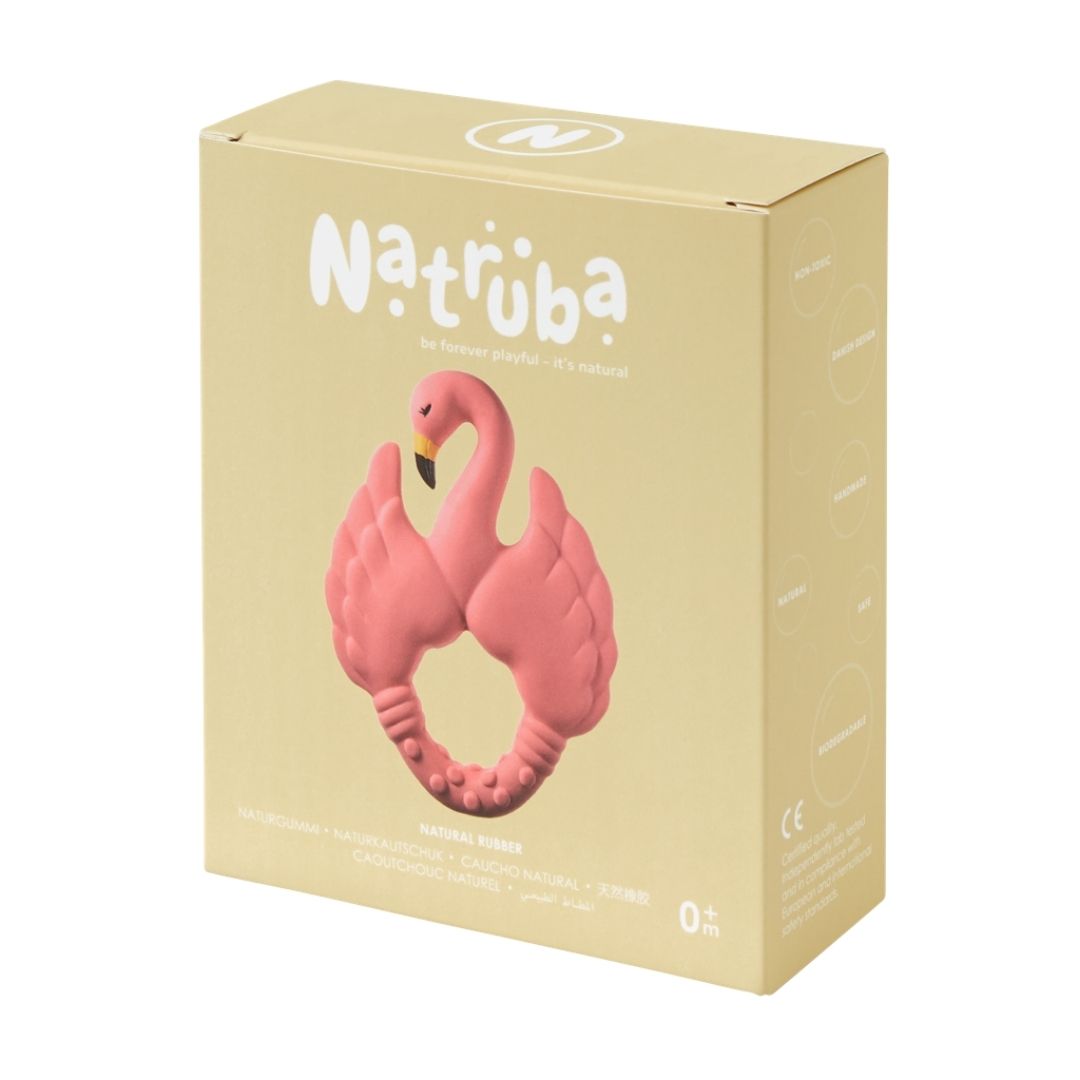 Pink bidering formet som en flamingo i naturgummi fra Natruba, set i indpakning, fås hos Nordic Simply