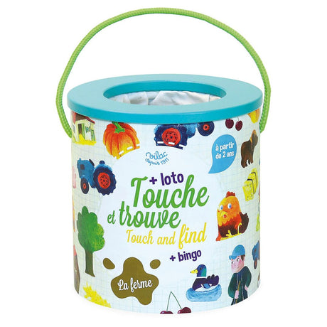 Føl og find spil med bondegårdsdyr og figurer i træ fra Vilac, perfekt til sanseleg for børn fra 2 år.