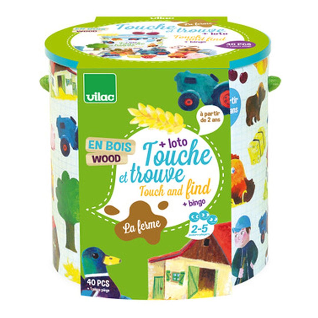 Føl og find spil i træ fra Vilac, perfekt til sanseleg for børn fra 2 år med 40 sjove dyremotiver.