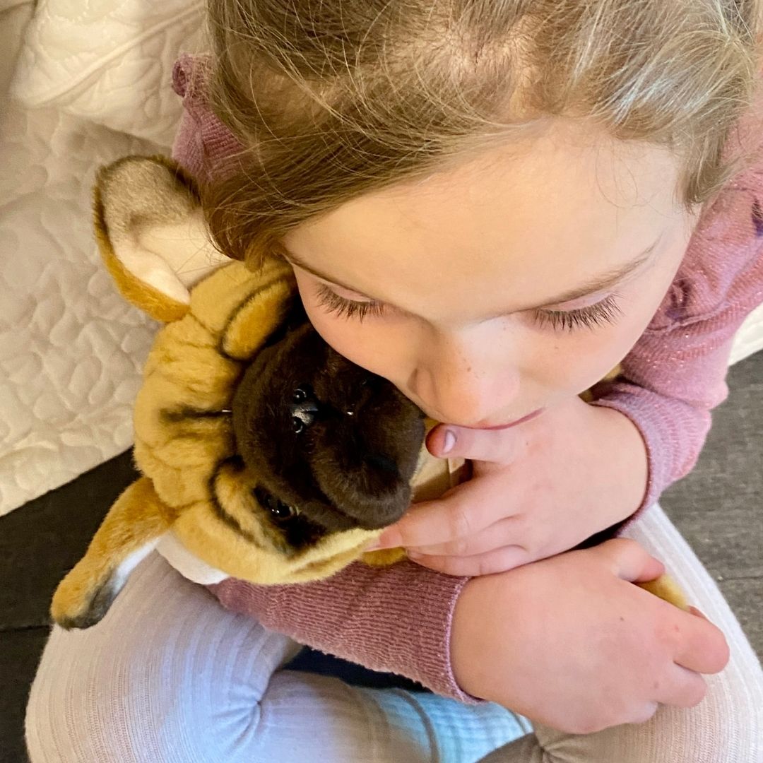 Barn holder Fransk Bulldog bamse tæt, ligner ægte hund fra Teddy Hermann fås hos Nordic Simply