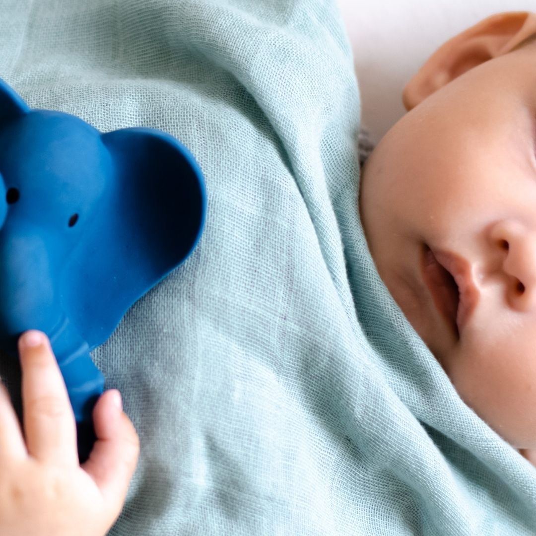 Baby sover med blå rangle formet som en elefant i naturgummi fra Natruba fås hos Nordic Simply