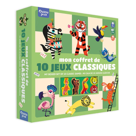 Farverig æske med 10 klassiske spil i træ fra Auzou, perfekt til børn fra 5 år.