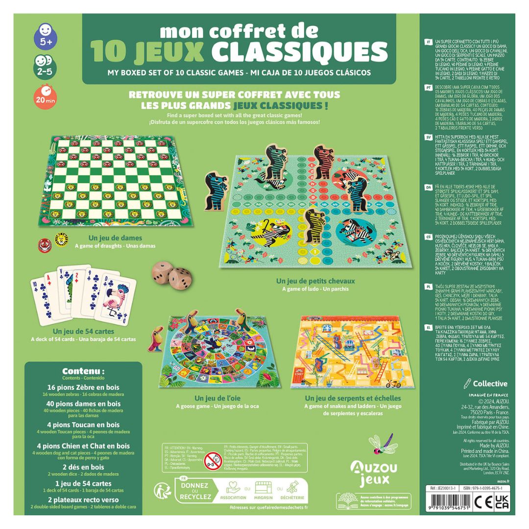 Grøn æske set bagfra med 10 klassiske spil i træ fra Auzou, perfekt til familietid og med børn fra 5 år.