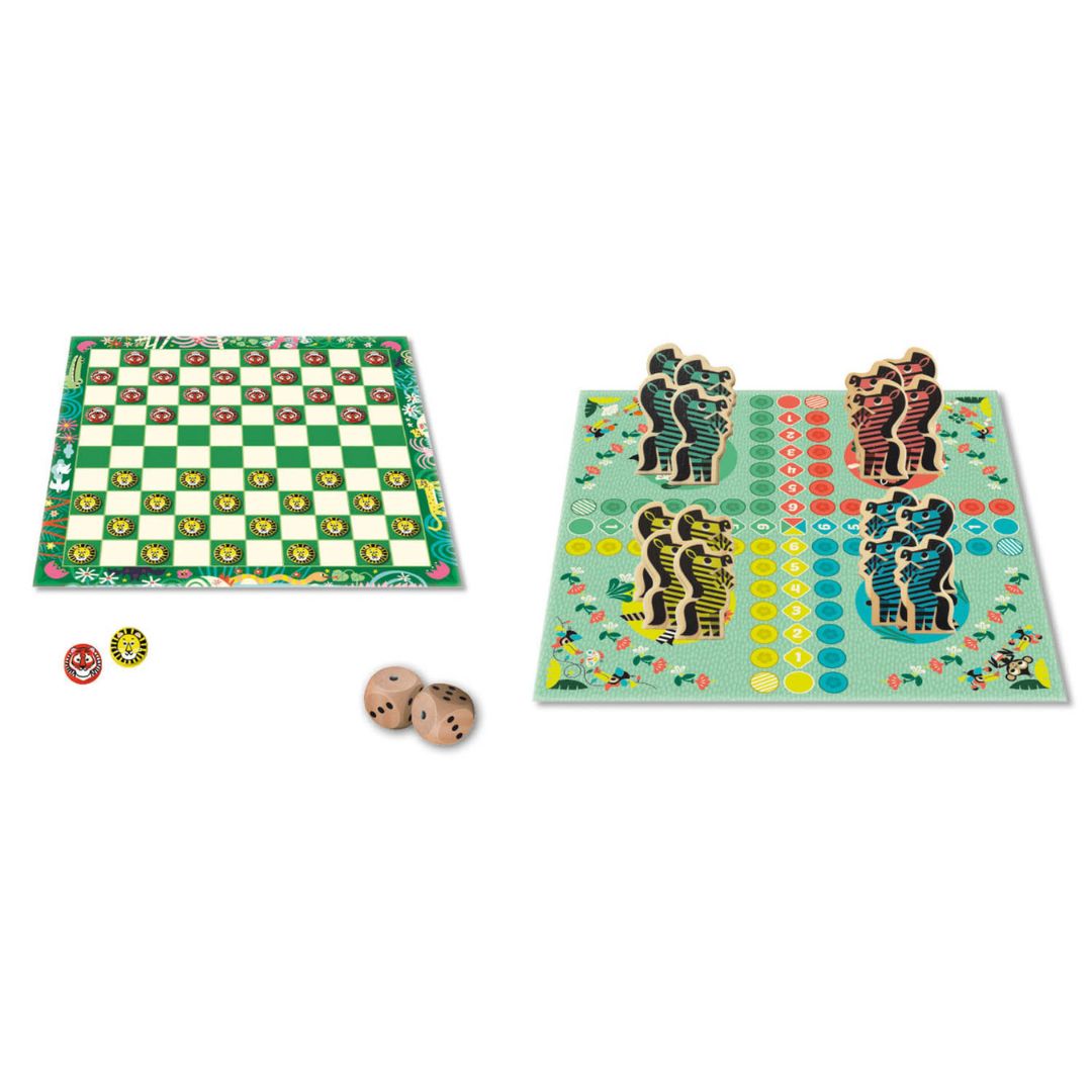 Farverig spilleplade med ludo og dam, træbrikker og terninger, perfekt til familietid.