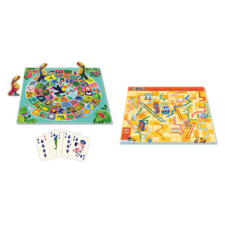 Farverig spilleplade og kort til 10 klassiske brætspil for børn, med sjove figurer og illustrationer.