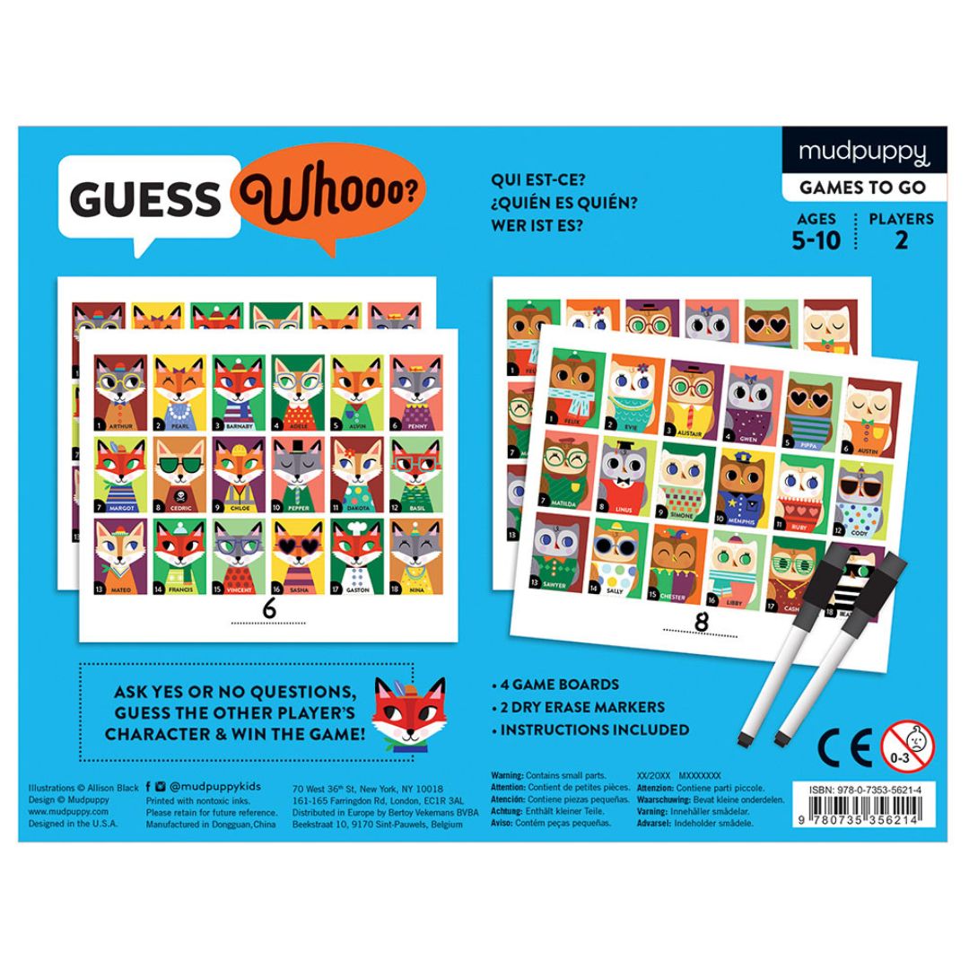 Gættespil med ugler og ræve fra Mudpuppy, perfekt til rejser og sjove stunder for børn 5-10 år.