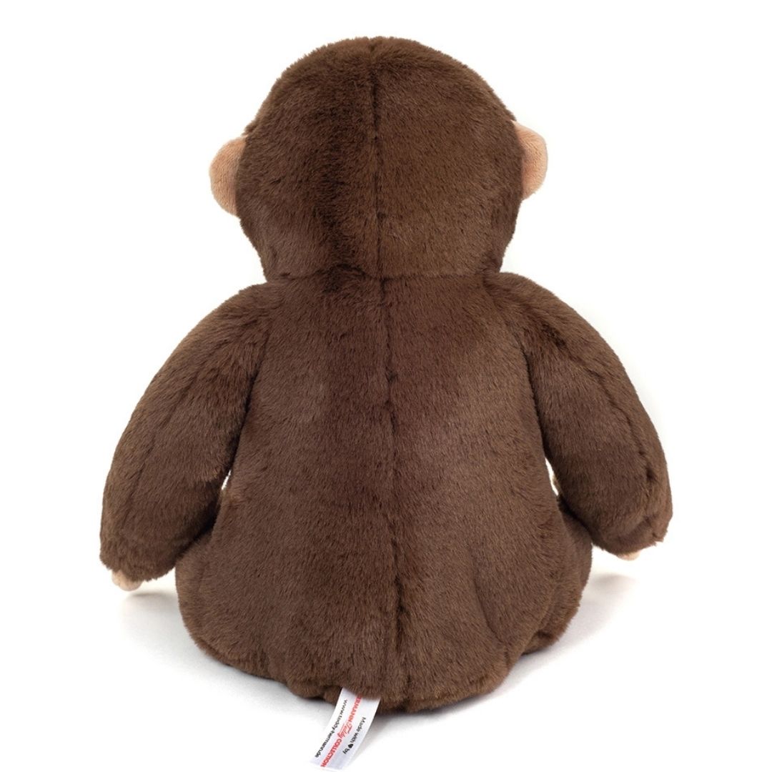 Blød brun abebamse, set bagfra, godkendt fra 0 mdr. Kvalitetsbamse fra Teddy Hermann Tyskland fås hos Nordic Simply