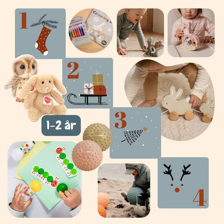 kollage med gode adventsgaver til dreng og pige 1-2 år fra adventskalender til tumling hos Nordic Simply