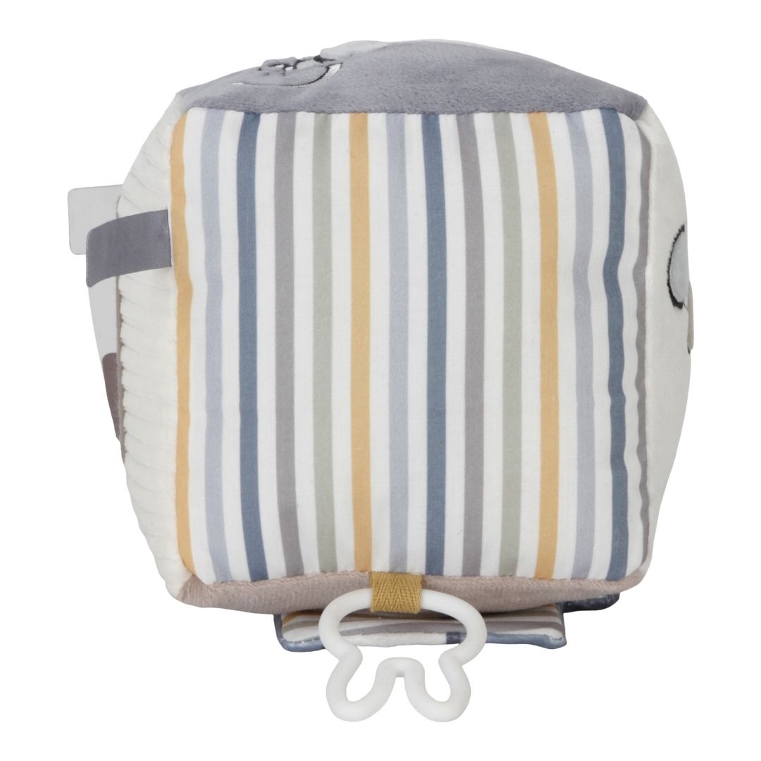 Aktivitetsterning til baby | Kanin blå - farverig terning med forskellige teksturer og motiver til sanseoplevelser for baby.