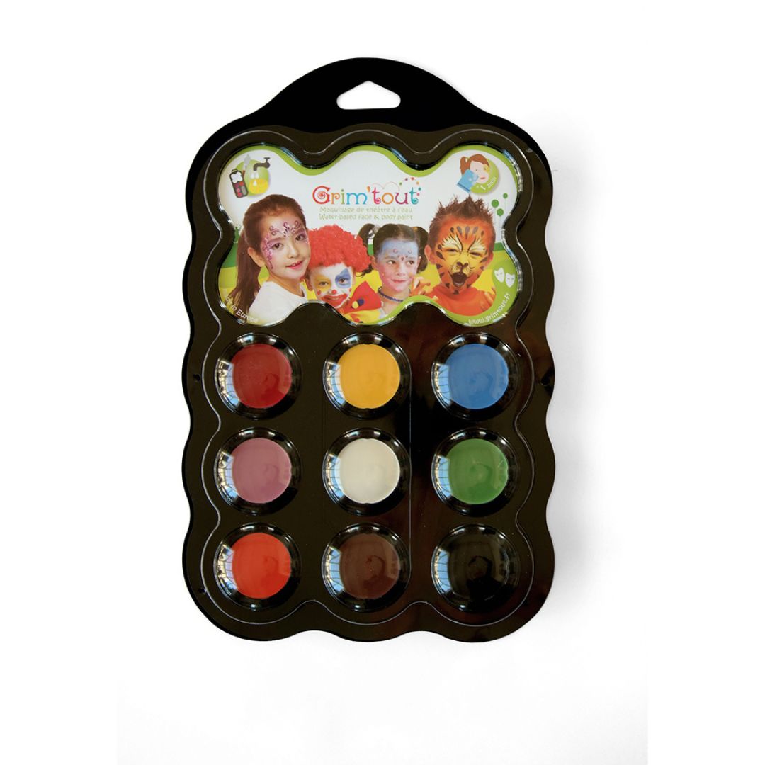 Allergivenlig ansigtsmaling karneval palette med 9 klare farver fra Grim'Tout fås hos Nordic Simply