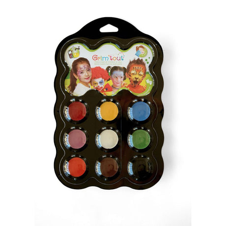 Allergivenlig ansigtsmaling karneval palette med 9 klare farver fra Grim'Tout fås hos Nordic Simply