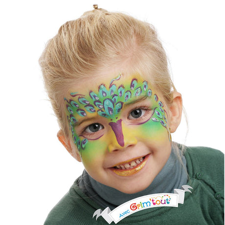 Pige malet som påfugl i ansigtet, med allergivenlig ansigtsmaling Eventyr fra Grim'Tout fås hos Nordic Simply