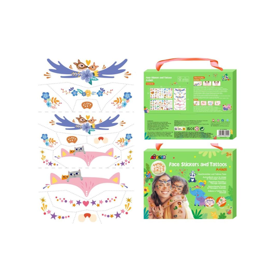 Æske og indhold i et sæt med ansigtsstickers og tatoveringer med dyr til børn, fra Avenir fås hos Nordic Simply