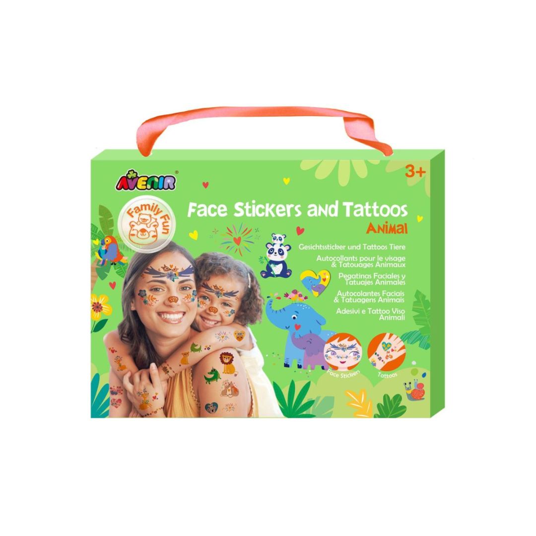 grøn æske med ansigtsstickers og tatoveringer med dyr til børn fra Avenir.