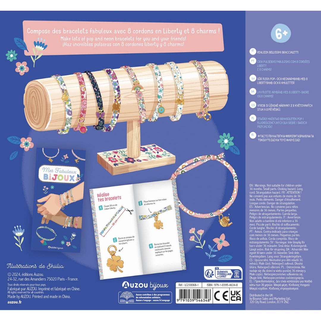 Æske set bagfra med DIY smykkesæt fra Auzou med 8 stof-armbånd med vedhæng, du selv kan designe fra 6 år og op fås hos Nordic Simply