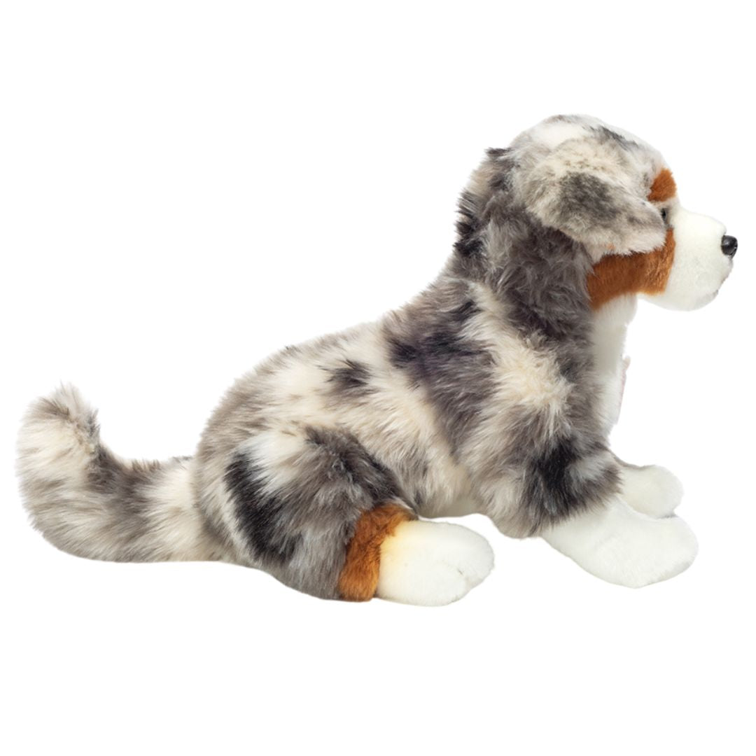 Australsk hyrdehund bamse fra Teddy Hermann, set fra siden, sød og blød bamsehund til børn, 35 cm