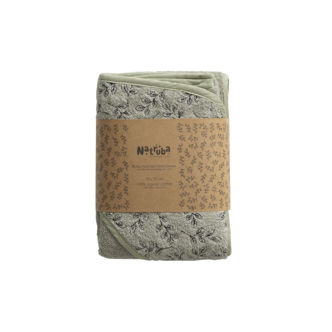 Baby badehåndklæde med hætte i 100% økologisk grøn frotté fra Natruba fås hos Nordic Simply