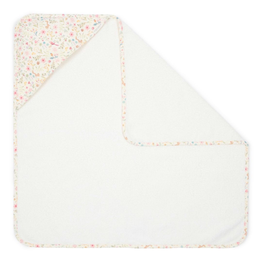 Badehåndklæde | Økologisk frotté, hvid med blomsterkant til babybad fra Little Dutch.