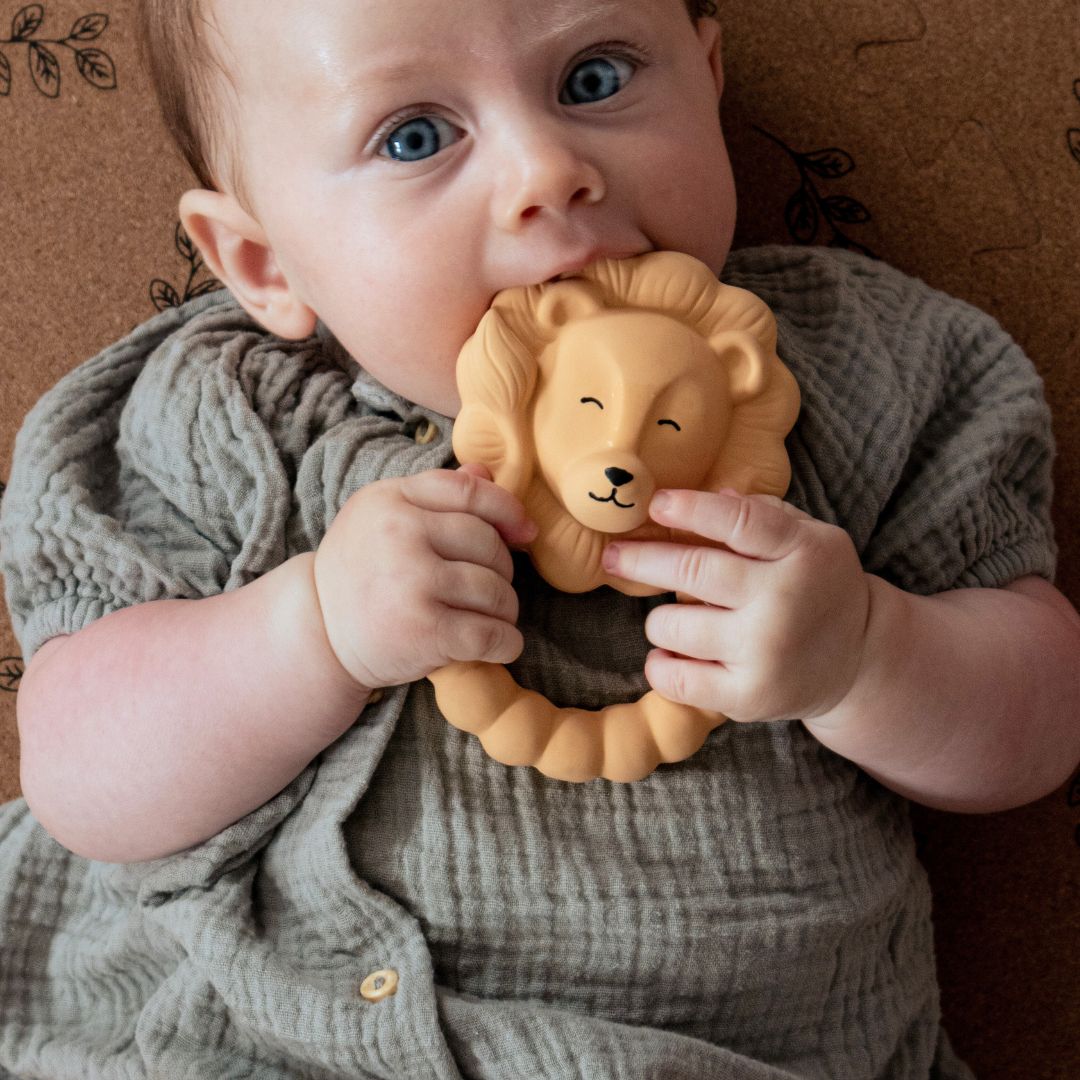 Baby med beige løve bidering i munden, lavet i naturgummi uden kemi fra Natruba, fås hos Nordic Simply