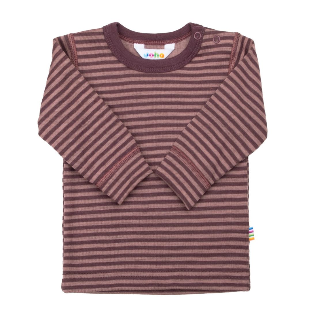 bluse med bordeaux og rosa striber, i merinould fra Joha, dejlig blød bluse til småbørn.