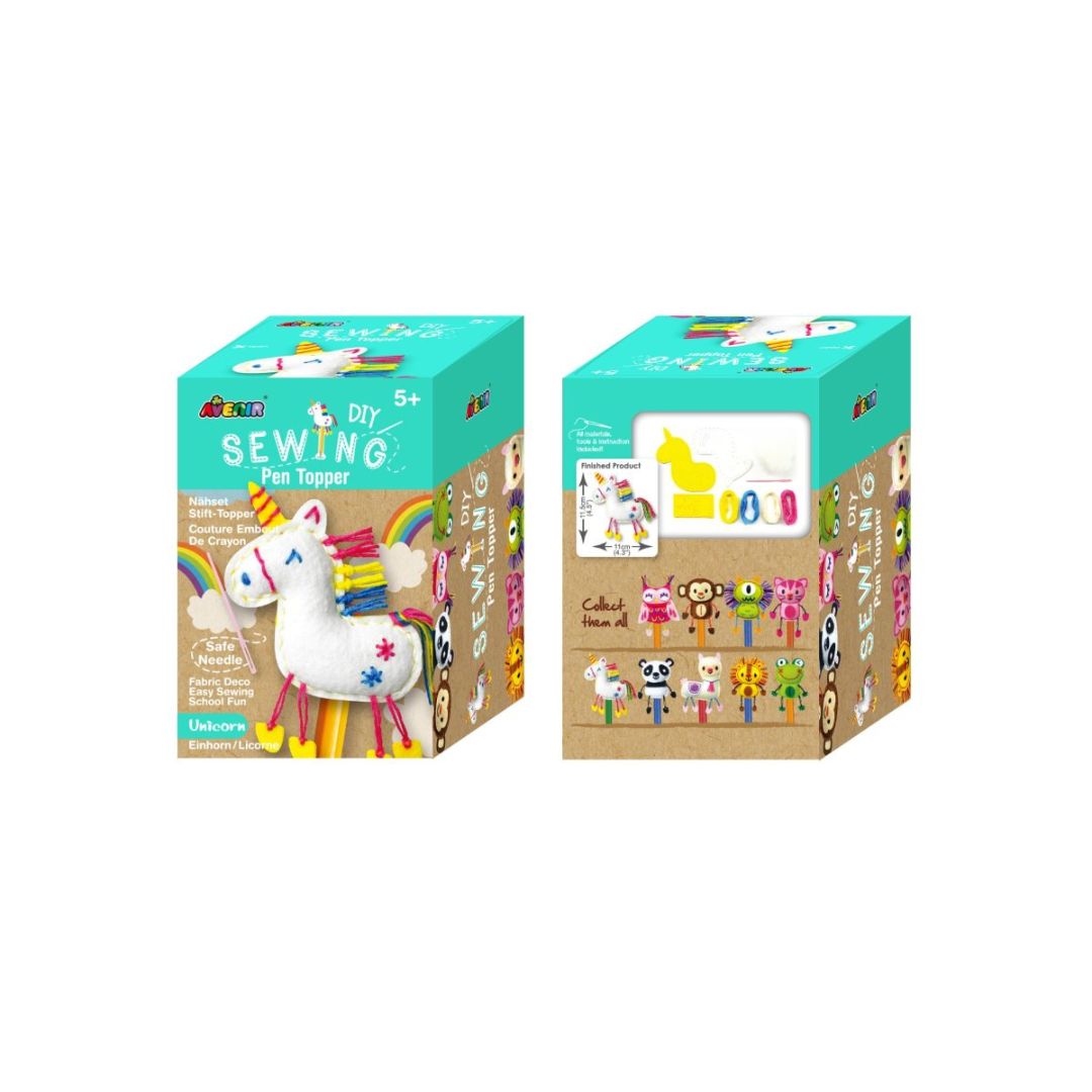 DIY enhjørning blyantstop i indpakning, perfekt til kreativt leg.