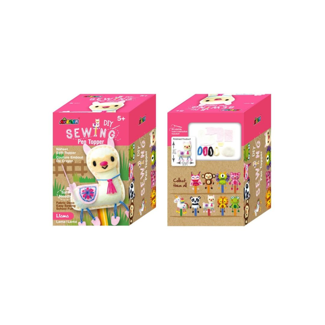 indpakning til DIY blyantstop med en sød lama, med nål og stofdele til sjovt håndværk.