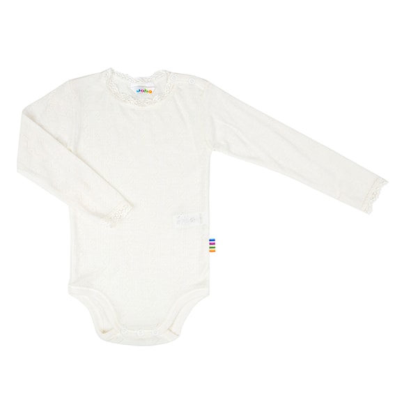 hvid body med lange ærmer til baby. Joha baby body stocking i uld/silke med blonde ved hals og ærmer. Farve off white.