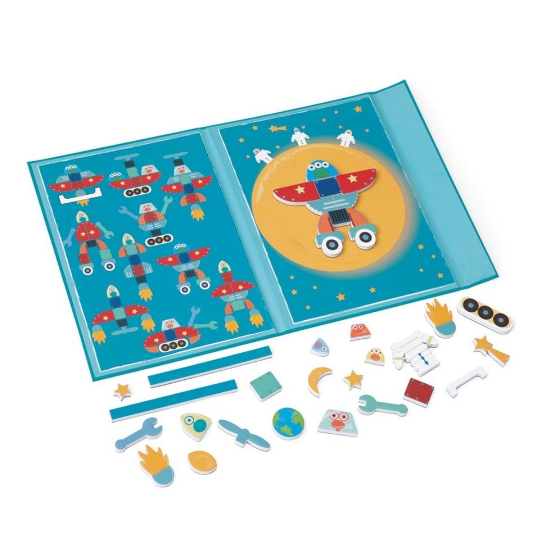 Bog med magneter og figurer i temaet rumrejse fra Scratch, god til fordybelse, finmotorik og koncentration fra 3 år, fås hos Nordic Simply