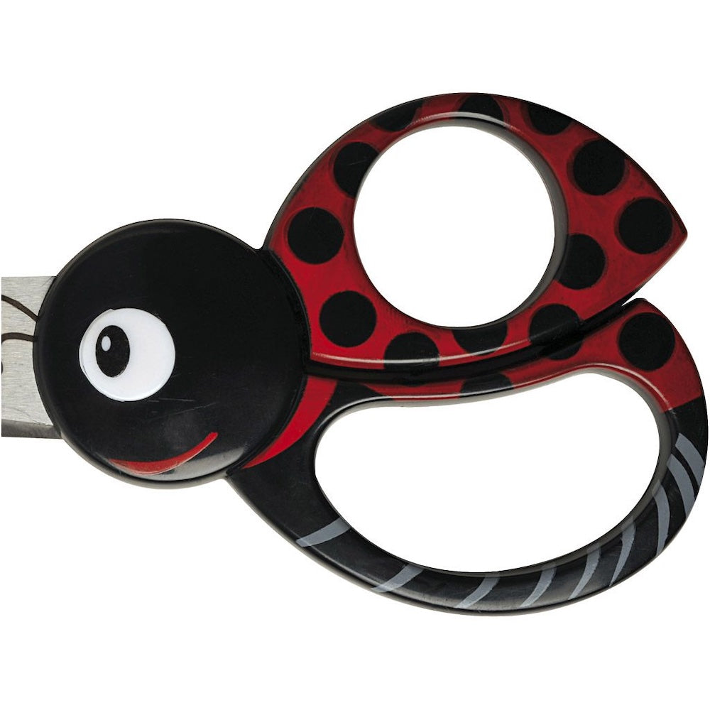 rød og sort saks fra Fiskars formet som mariehøne, brug som både højre og ventrehåndssaks