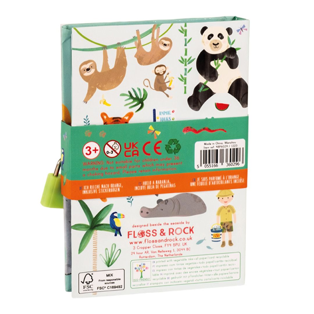 lille dagbog med lås, duft og junglemotiver til børn fra Floss & Rock, set bagfra, fås hos Nordic Simply