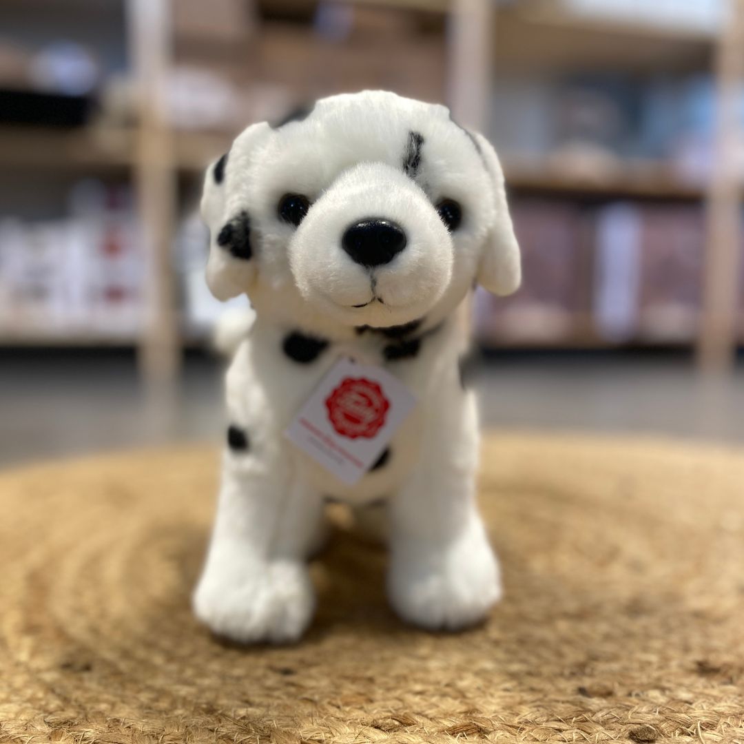 dalmatiner hundehvalp bamse står på tæppe hos Nordic Simply - klar til leg