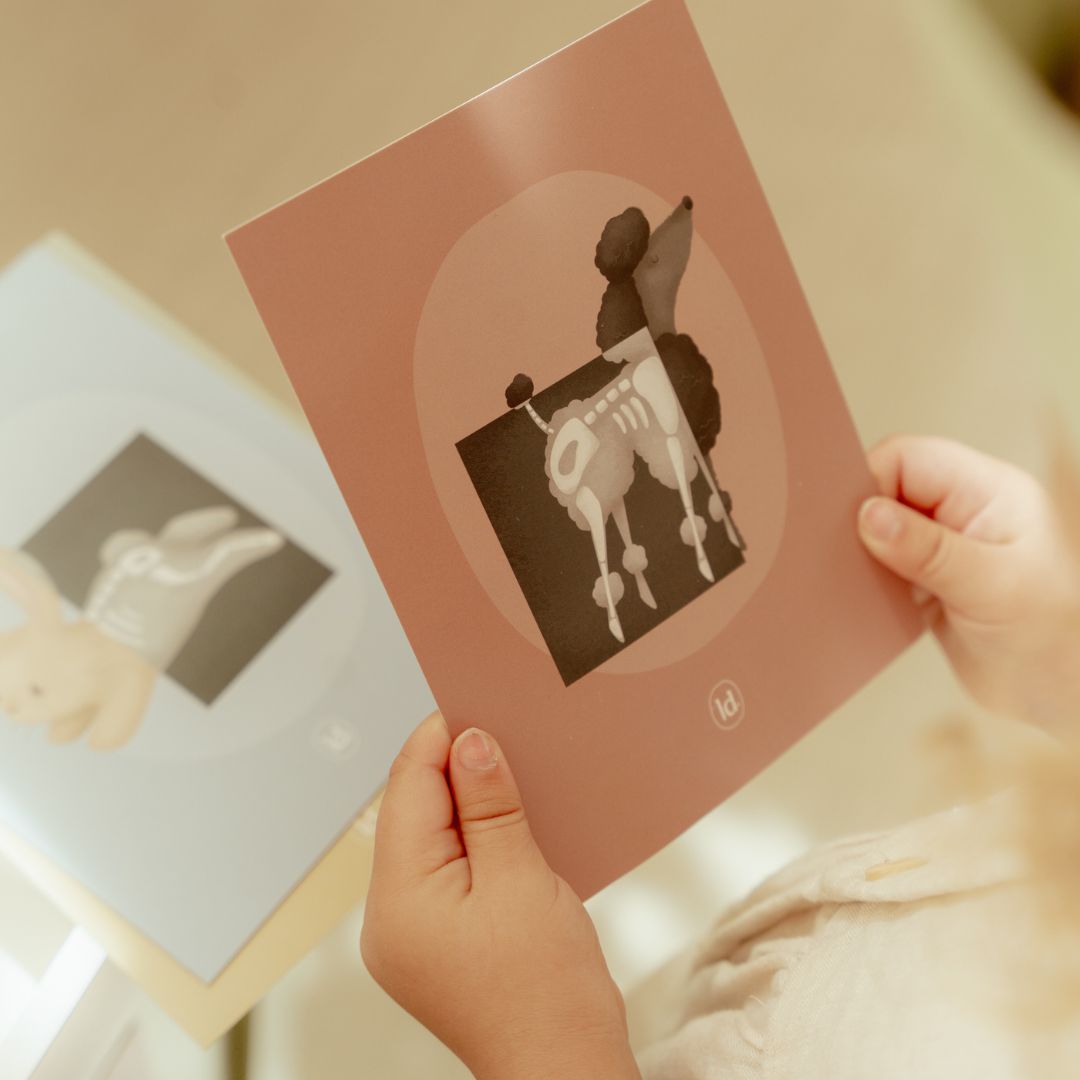 Barn holder kort med illustration af en hund og kanin, følger med dyrlægeklinik fra Little Dutch