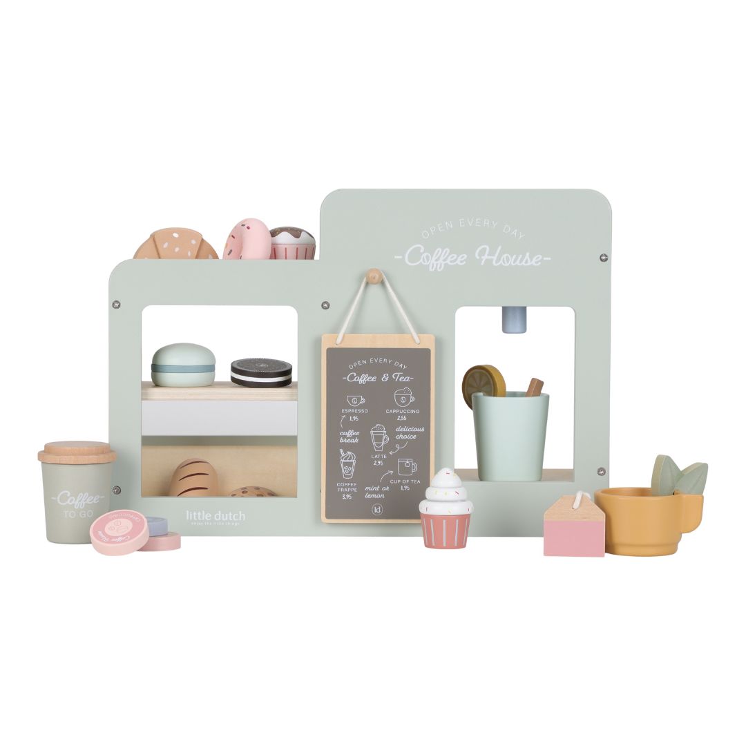 Espressomaskine XL fra Little Dutch med kager, kaffe og tilbehør til hyggelig og kreativ rolleleg.