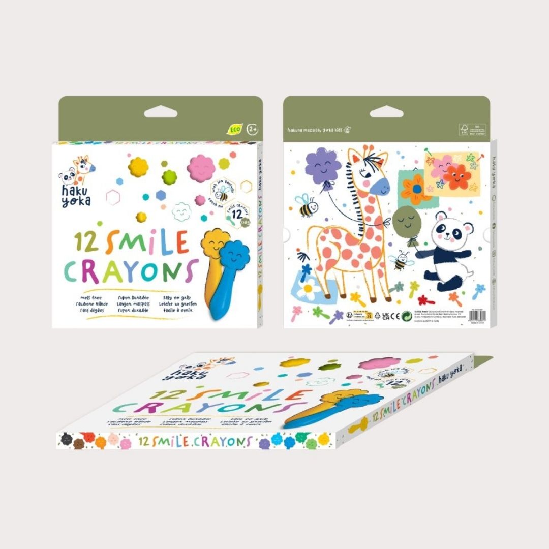 Æske med 12 fraver med smilende ansigter fra Haku Yoka, børnevenlige farver med bivoks perfekt til små kreative hænder.