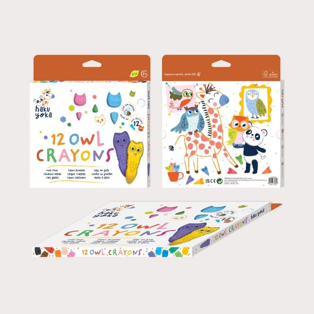 Farverige ugle-formede farver til børn fra Haku Yoka, perfekt til små hænder. Fås hos Nordic Simply