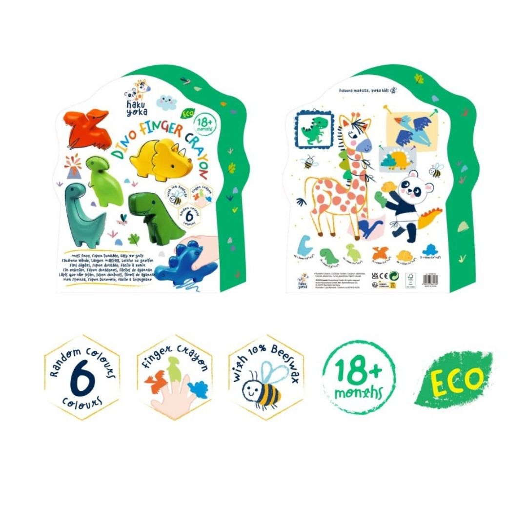 æske med farver fra Haku Yoka af bivoks med dinosaurusser til små fingre, sjov og kreativ leg hos Nordic Simply