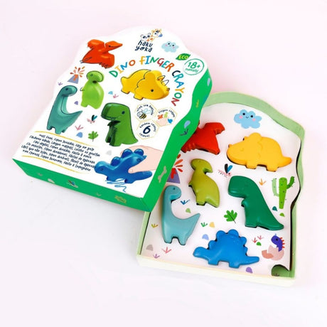 æske med farverige dinosaur-formede fingerfarver fra Haku Yoka til børn, fås hos Nordic Simply