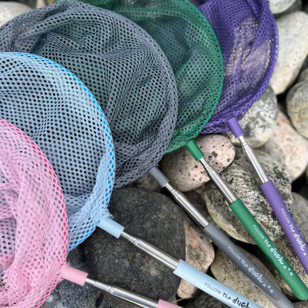 Fem fiskenet på teleskopstang i klare farver ligger på store sten, fås hos Nordic Simply