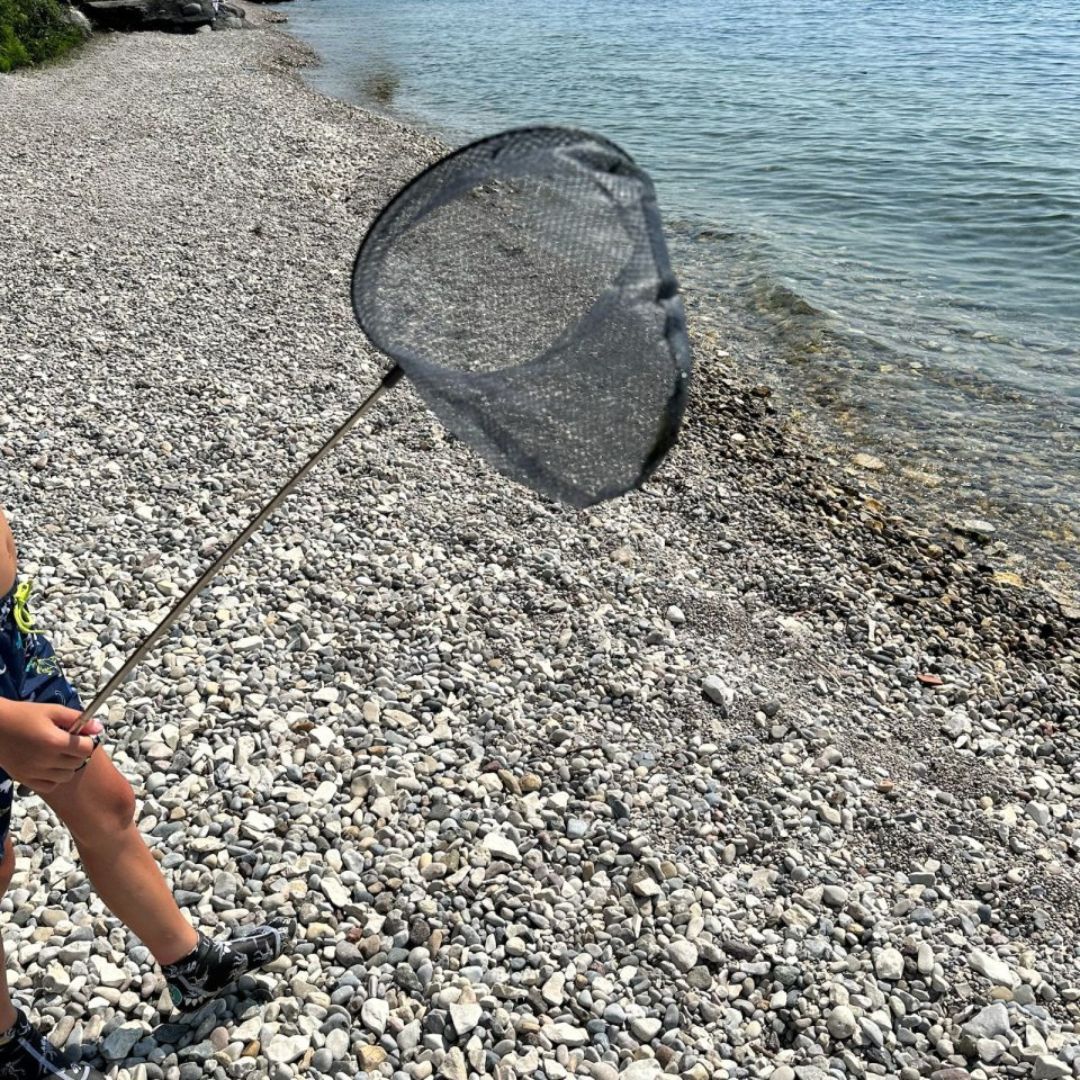 Fiskenet på teleskopstang i antracit grå, set på stenstrand, fås hos Nordic Simply